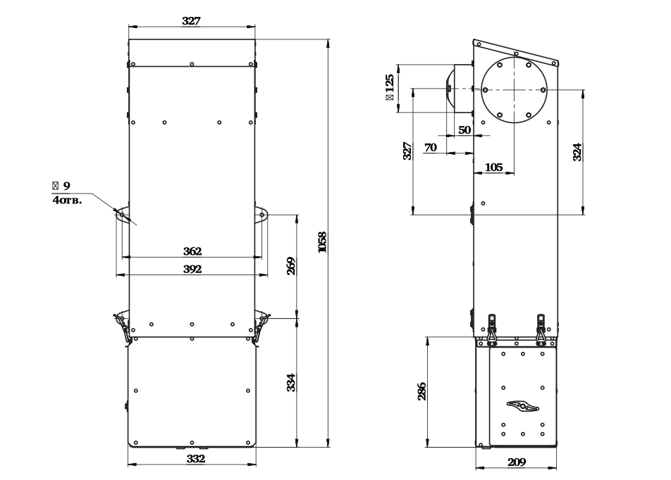 Габаритный чертеж Minibox.Home-200 с подключением воздуховода Ф125